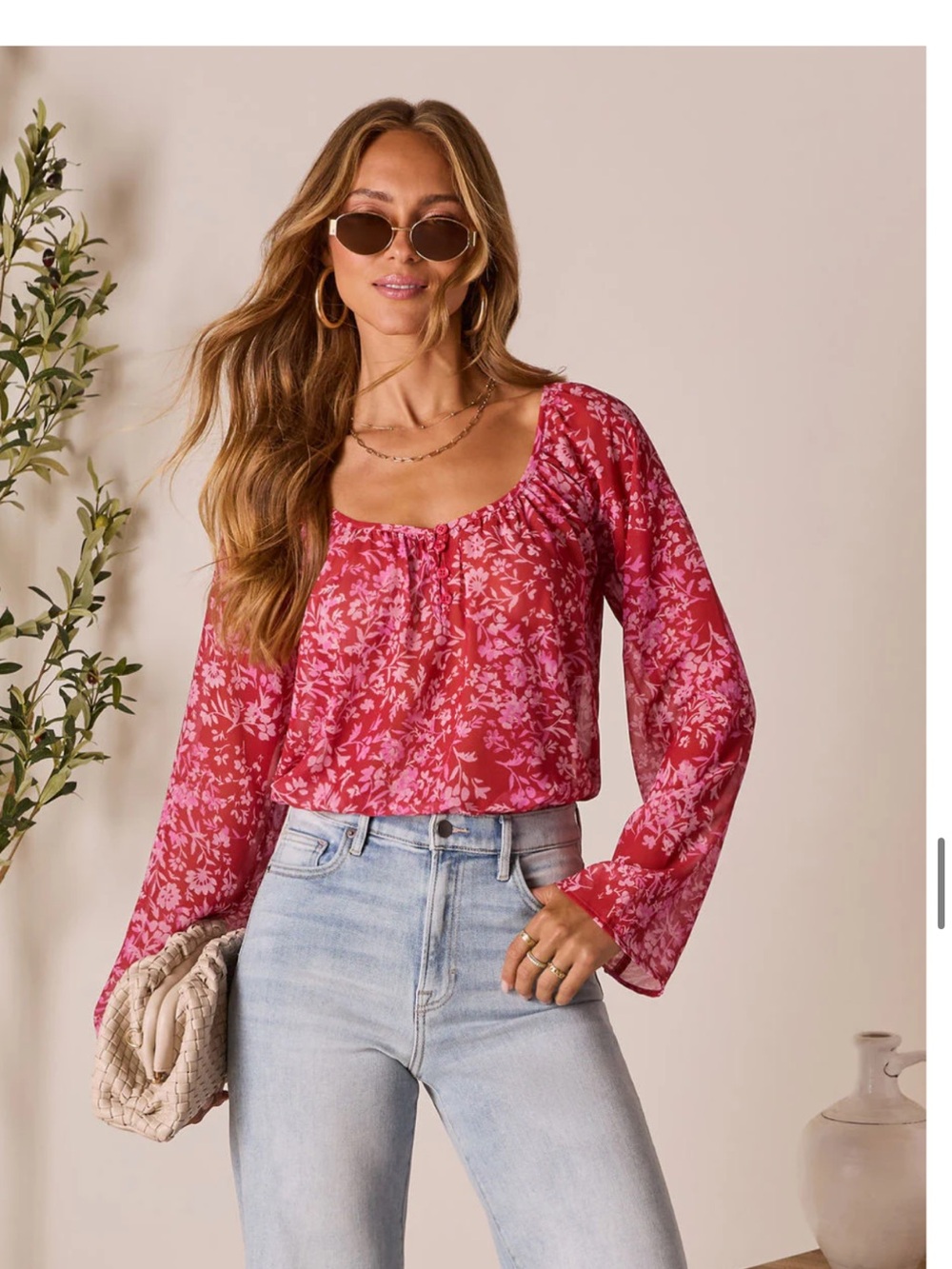 Vici Red & Pink Floral Peasant Blouse